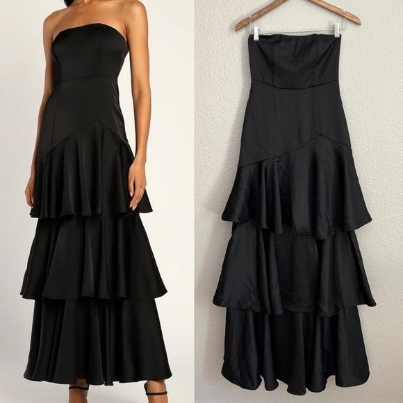 Blissfully Beautiful Black Satin Strapless Tiered Maxi Dress - Picture 1 of 10